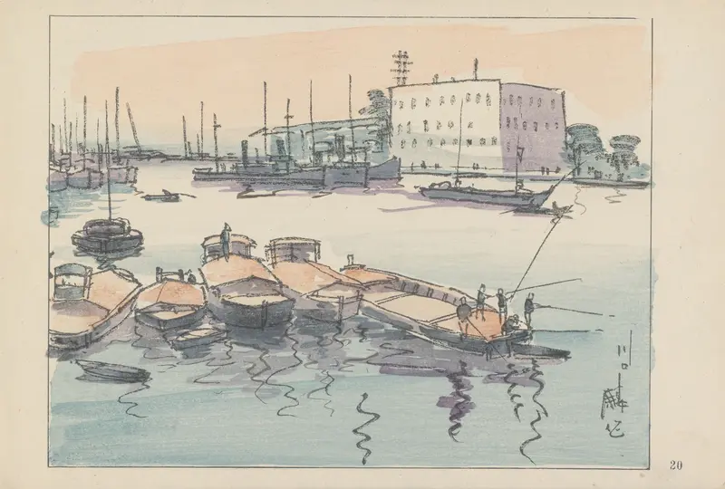 Ukiyo-e by Akamatsu Rinsaku depicting Kawaguchi, the estuary of Yodo river