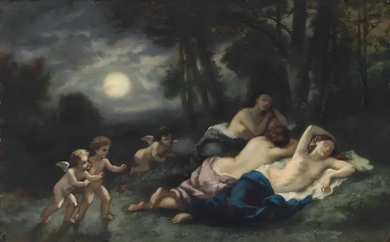 A serene depiction of nymphs resting under a night sky.