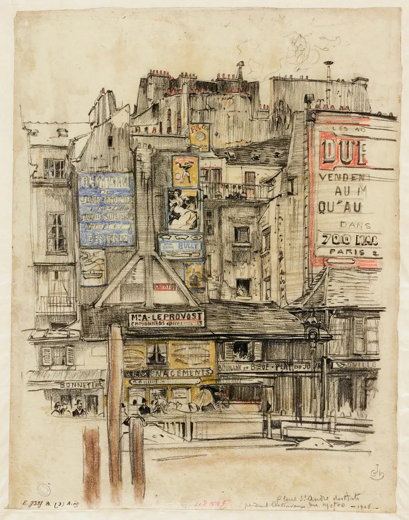 Place Saint André des Arts, oil on canvas by Charles Jouas, depicting workmen and architecture.