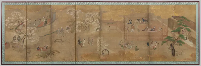 Folding screen depicting entertainment near cherry blossoms, gold medium, Unknown Artist