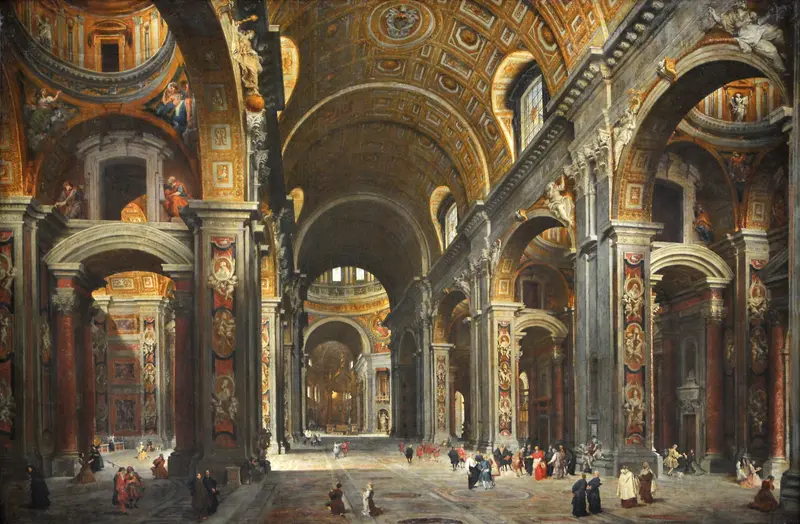 Interior of St. Peter’s, Rome by Giovanni Paolo Panini, oil painting depicting a grand dome and light.