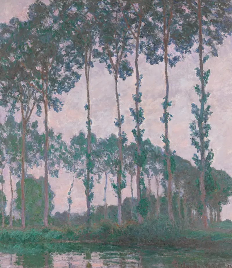 Tall poplar trees line a riverbank beneath an overcast sky, with dense foliage and reflections on the water in visible brushstrokes.