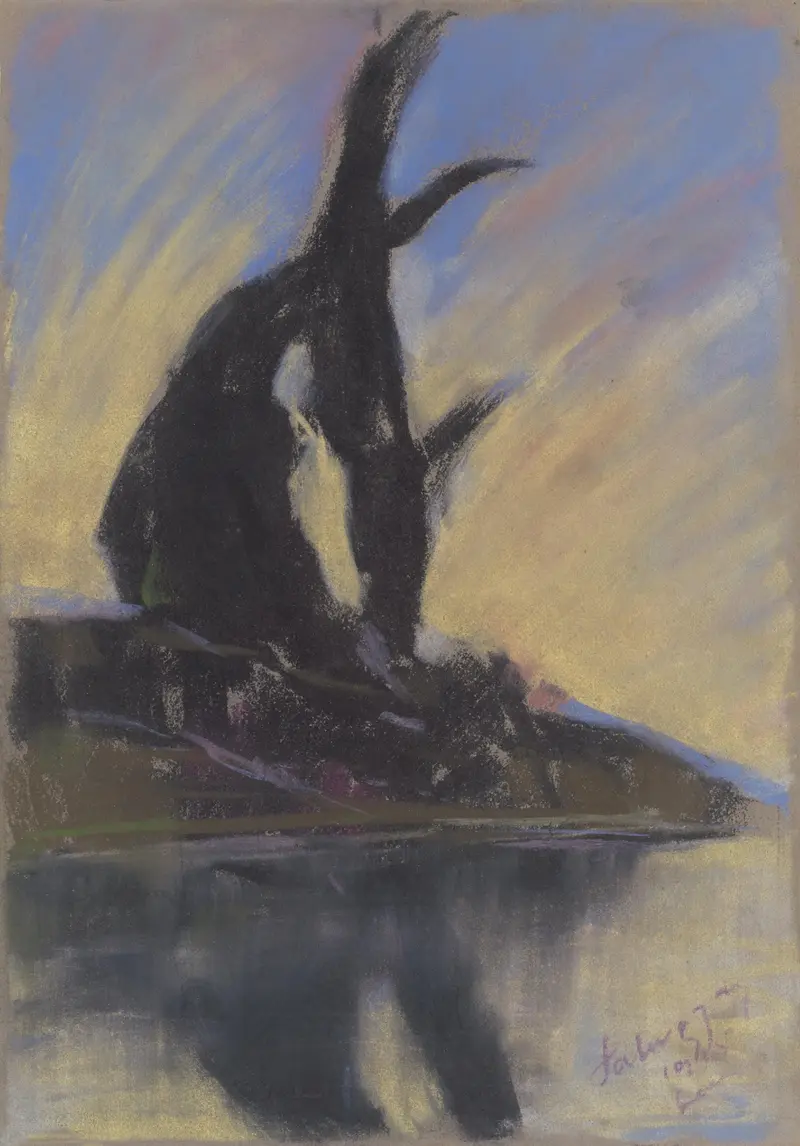 Black Poplar Trees Silhouettes near the River by Zolo Palugyay, Expressionism