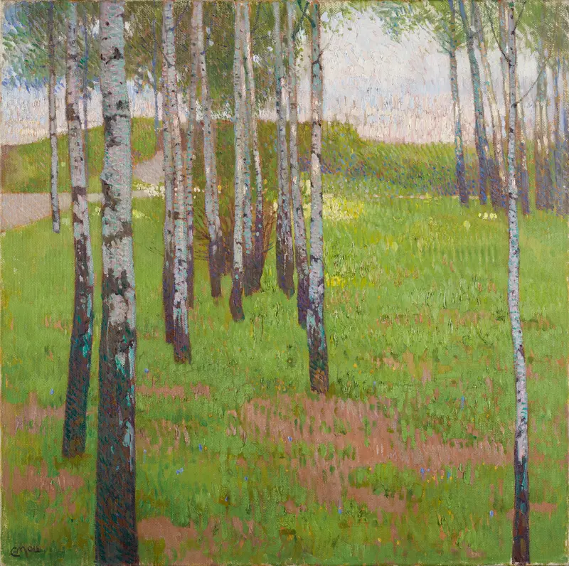 Birkenwäldchen im Abendlicht by Carl Moll, oil on canvas depicting birch trees in evening light