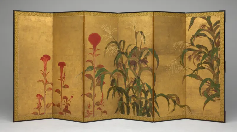 Still life of cockscombs and maize in gold by Unknown Artist