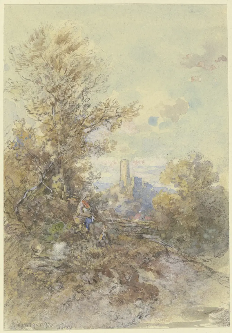 Landschaft mit Bäuerin, Kind und der Ruine Eppstein, oil on canvas by Anton Burger