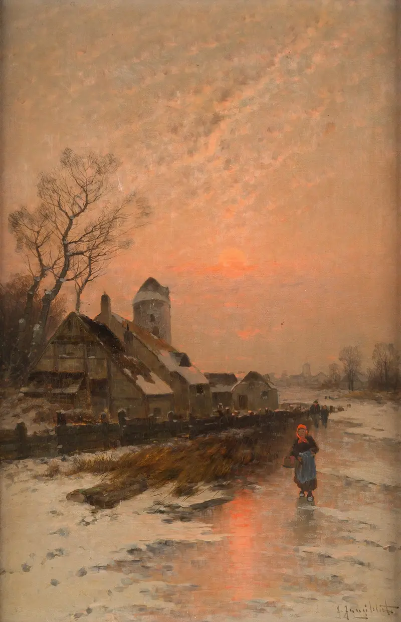 Winter landscape featuring sunlight over an iced lake by Johann Jungblut