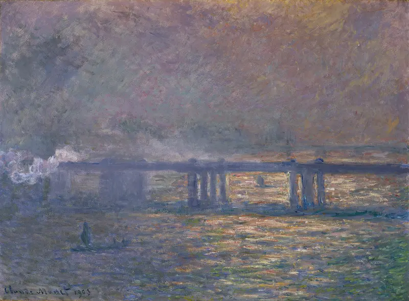 Charing Cross Bridge oil painting by Claude Monet depicting the Thames river with soft colors