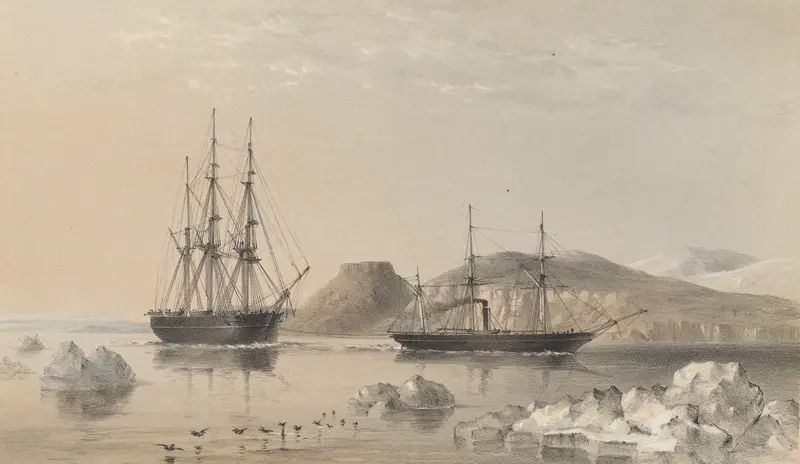 H.M.S. Assistance oil painting by Walter William May, depicting a ship navigating the ocean