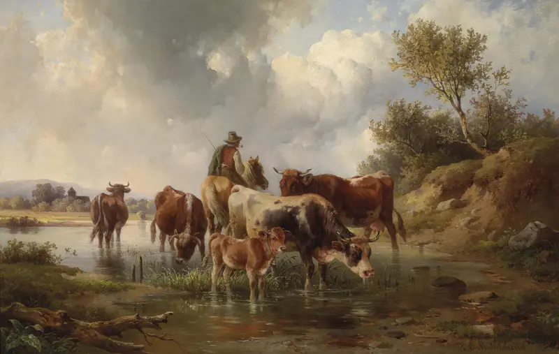 Landscape with cows and herders, oil painting by Edmund Mahlknecht