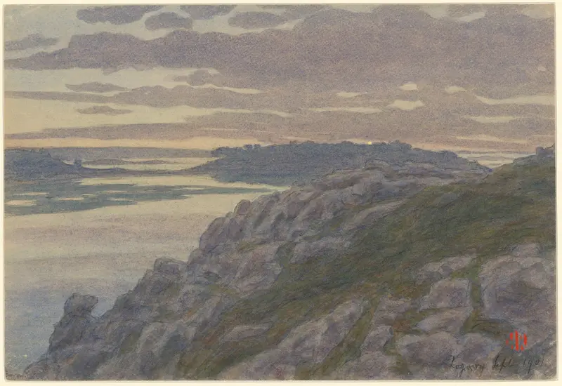 Twilight landscape with golden light by Henri Rivière, oil painting, 1901