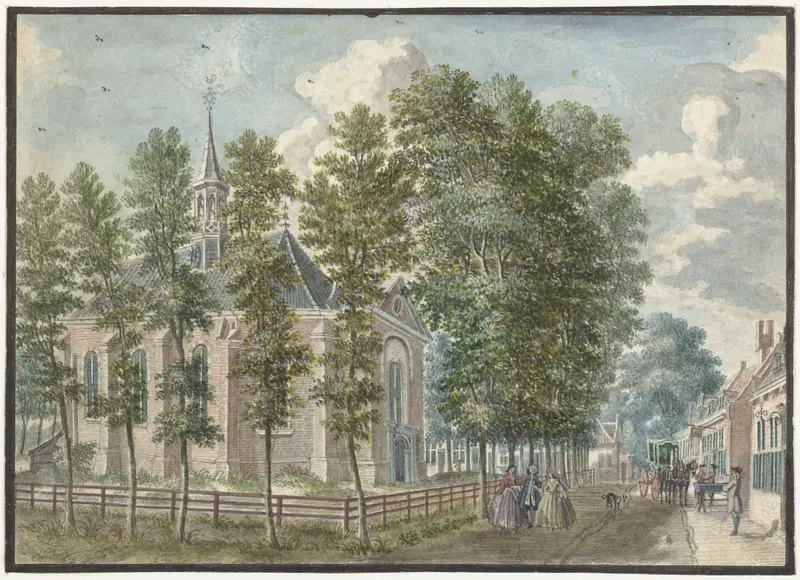Etching by Jan de Beijer depicting a church with a steeple in a landscape