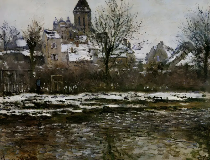 A snowy riverside landscape shows the Seine in the foreground, leafless trees, a village with a church tower, and a solitary figure near a fence.