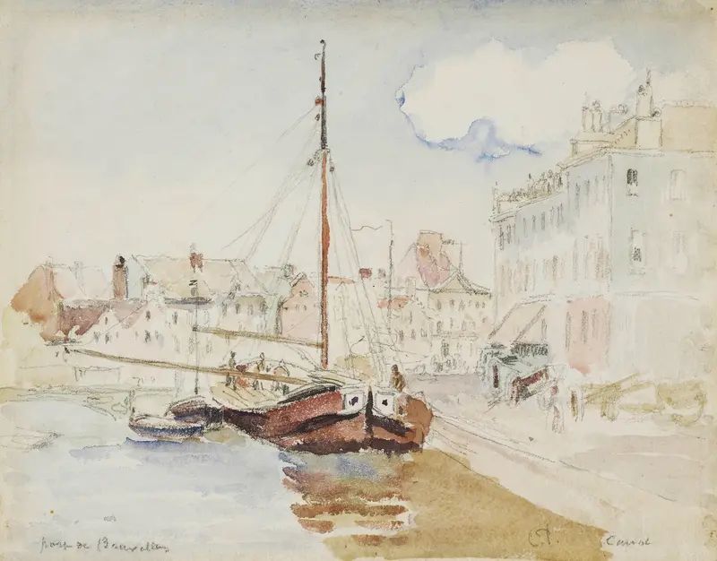 Port de Bruxelles by Camille Pissarro, oil on canvas showing a lively port scene.