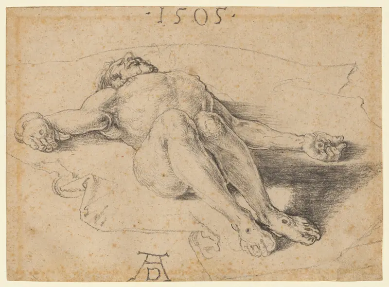 Charcoal drawing of the foreshortened body of Christ lying on drapery, showing wounds on hands and feet, signed AD and dated 1505.