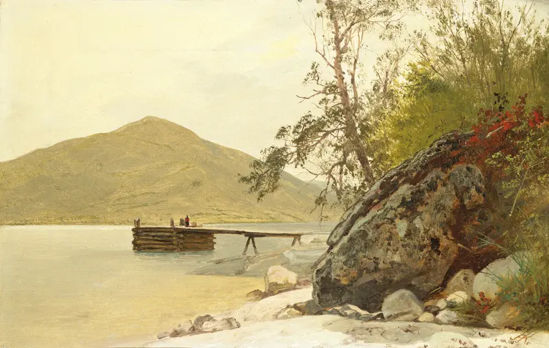 Landing at Sabbath Day Point, oil on canvas by John Frederick Kensett, depicting a tranquil lake and mountains.