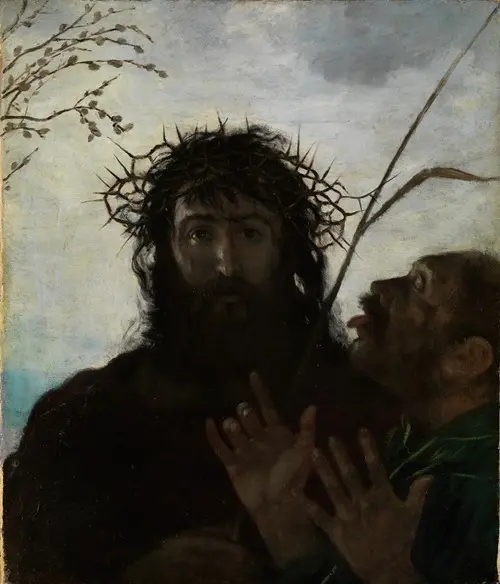 This painting depicts the mocking of Jesus with vivid colors and expressive figures.