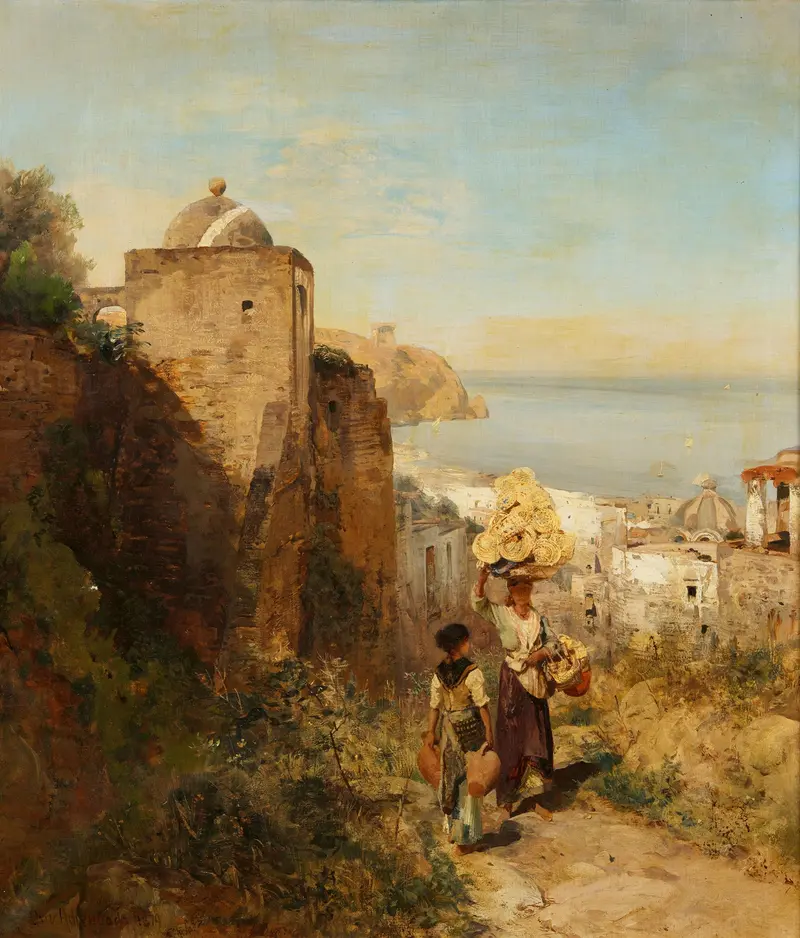 Coastline scene with waves and sunlight by Oswald Achenbach, oil painting