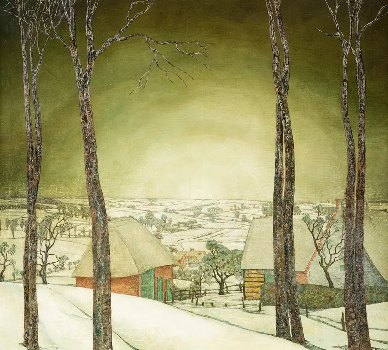 Winter landscape by Valerius De Saedeleer, oil painting depicting snow-covered trees and frost.