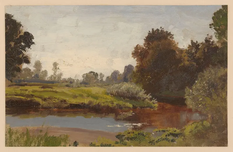 Oil painting By the River Barycz by Adolf Dressler depicting a river, trees, and sunlight