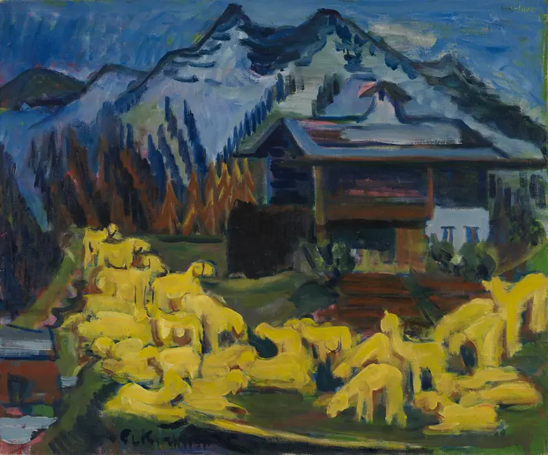 A vibrant depiction of a flock of electric yellow sheep clustered in an Alpine landscape.