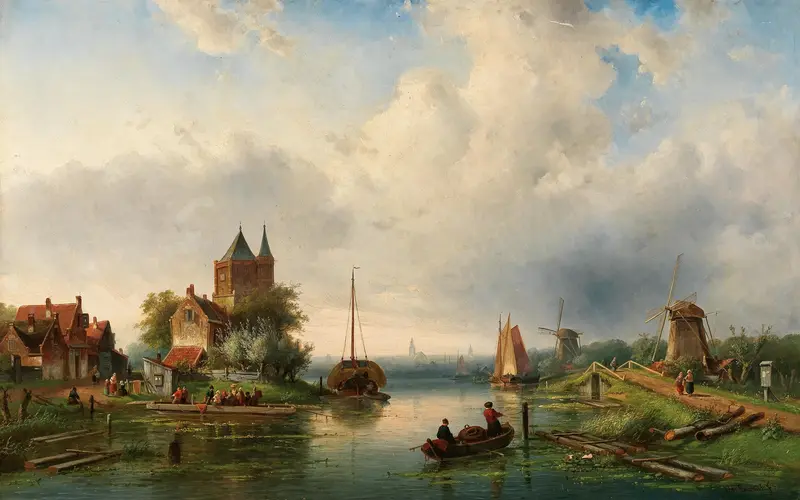A Vast River Landscape with Windmills, oil painting by Charles Leickert