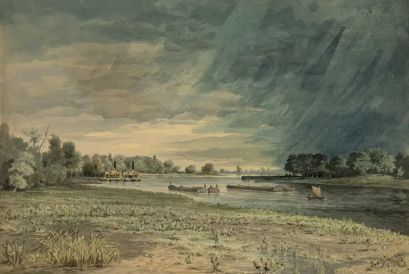 Landscape depicting a river at sunrise, oil painting by James Fuller Queen