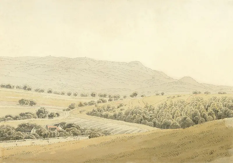 Mittelgebirgslandschaft by Caspar David Friedrich, oil on canvas depicting serene hills and mountains.