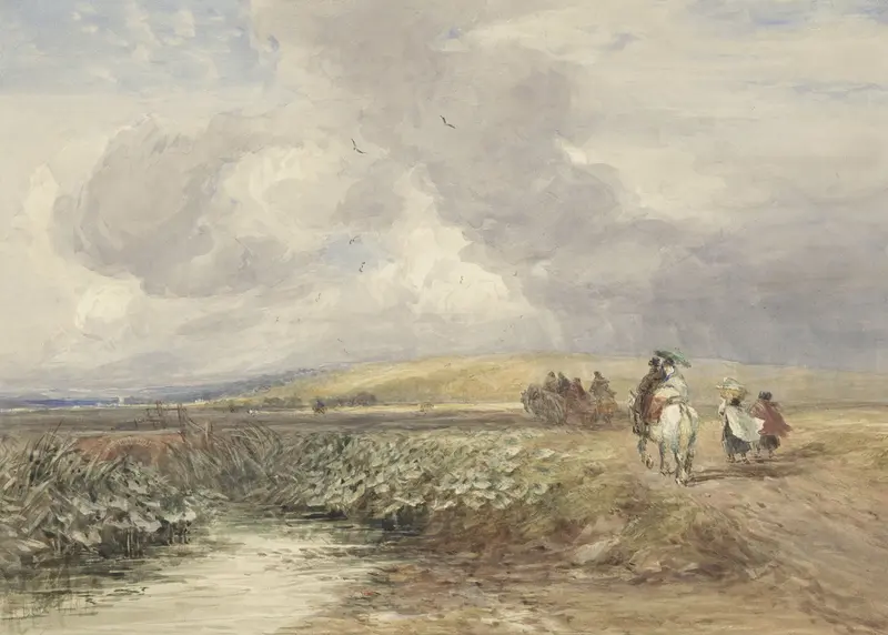 Landschap met reizigers by David Cox, depicting travelers in a lush landscape, oil painting.