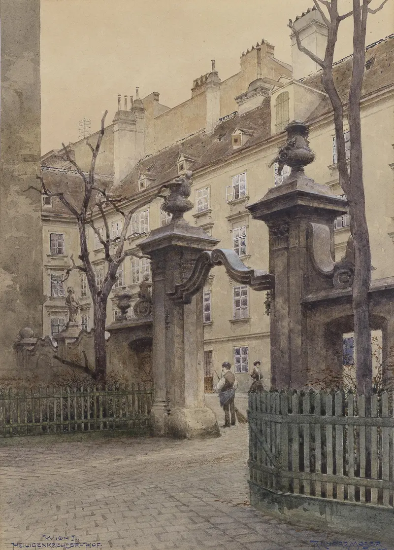 Heiligenkreuzerhof in Wien by Richard Moser, oil on canvas, depicting morning light through archways.
