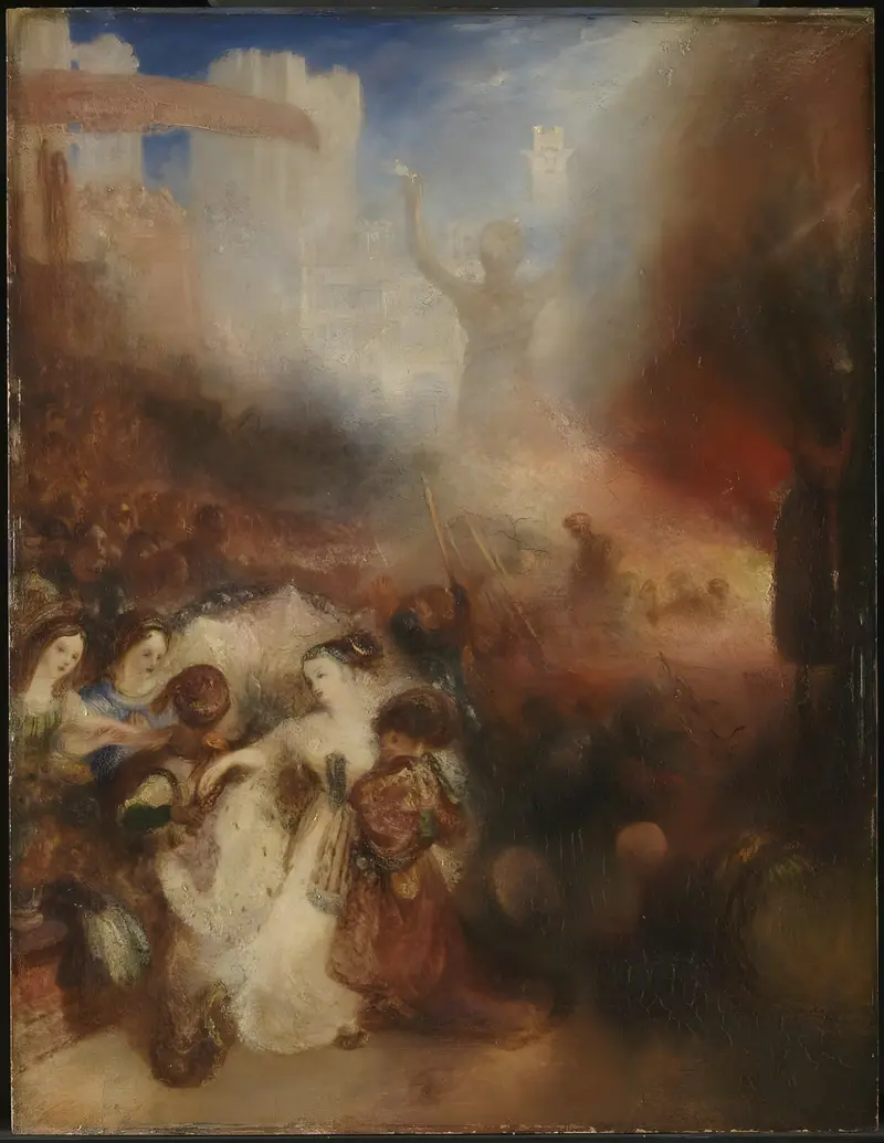 Joseph Mallord William Turner's painting depicts Shadrach, Meshach, and Abednego in a fiery furnace, surrounded by vibrant flames.