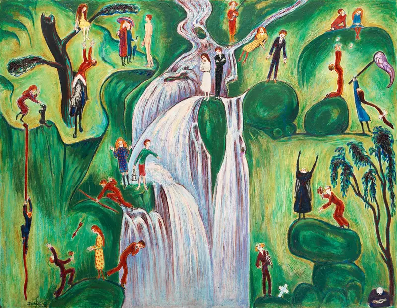 A vivid painting depicting figures at the edge of a roaring waterfall.