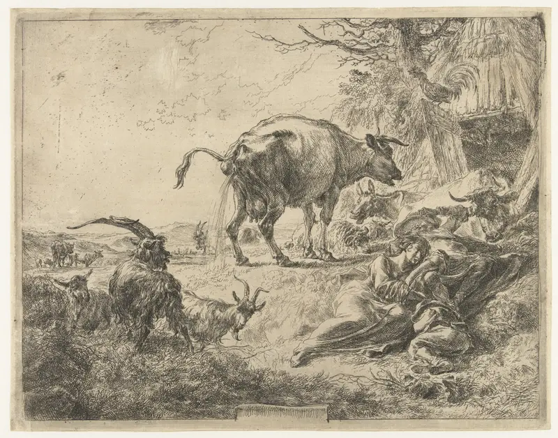 Etching by Nicolaes Pietersz Berchem depicting a shepherd family and cattle resting.
