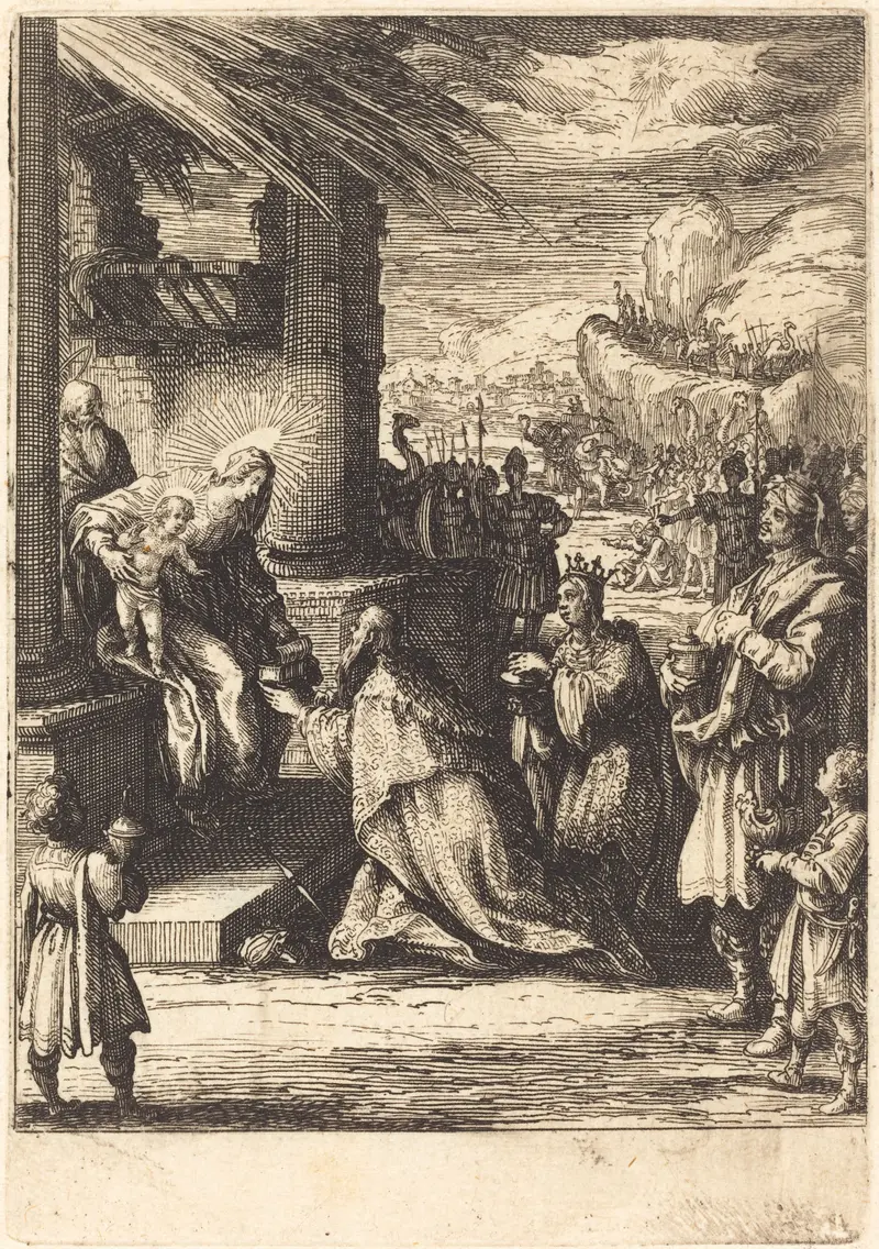 Jacques Callot's 'Adoration of the Magi' depicts the biblical scene of the Magi visiting the newborn Jesus.