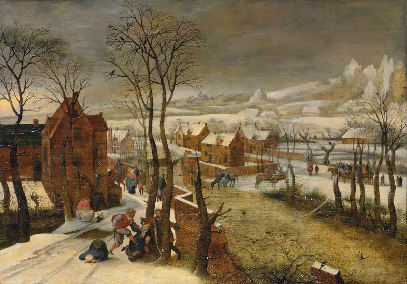 A Village Landscape In Winter With The Massacre Of The Innocents by Abel Grimmer, oil painting of a snowy village