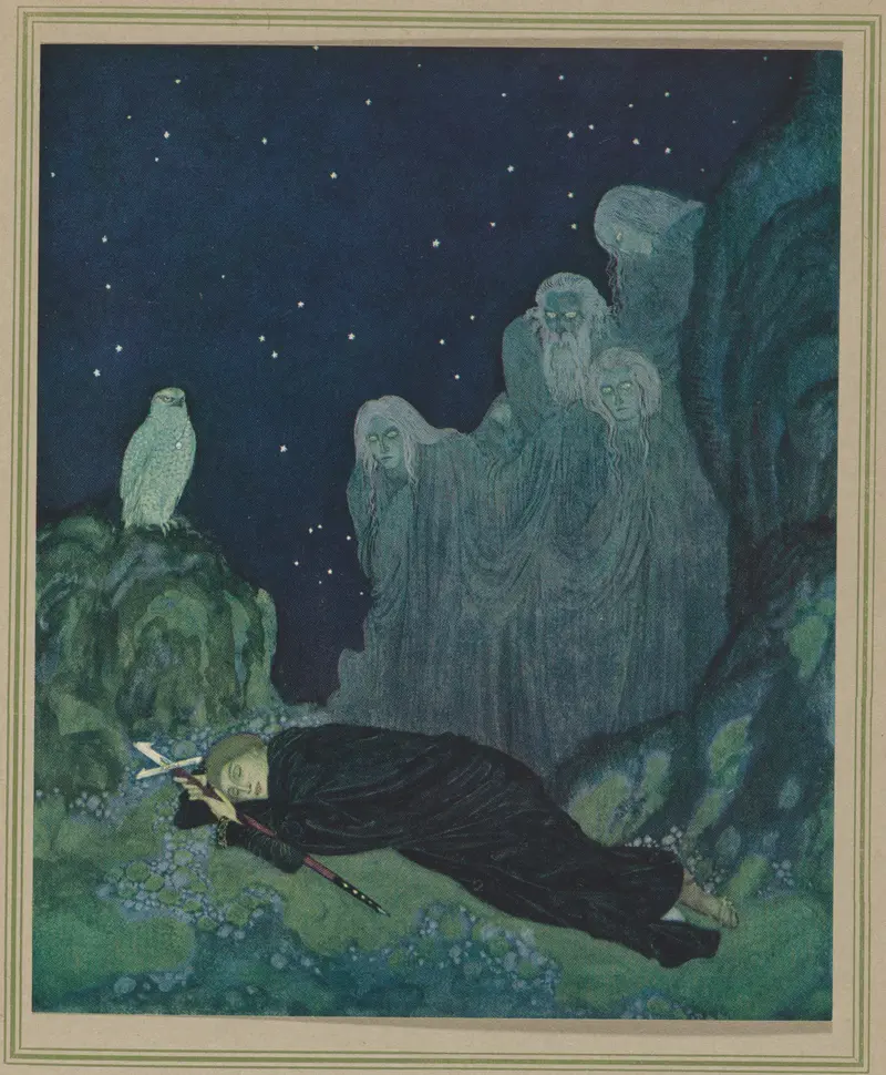 A dreamer lies on blue flowers, clutching a white cross, watched by spectral figures and an owl under a deep blue night sky.
