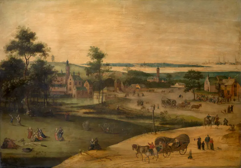 Village at the Scheldt, oil painting by Jacob Grimmer depicting a sunset over a river.