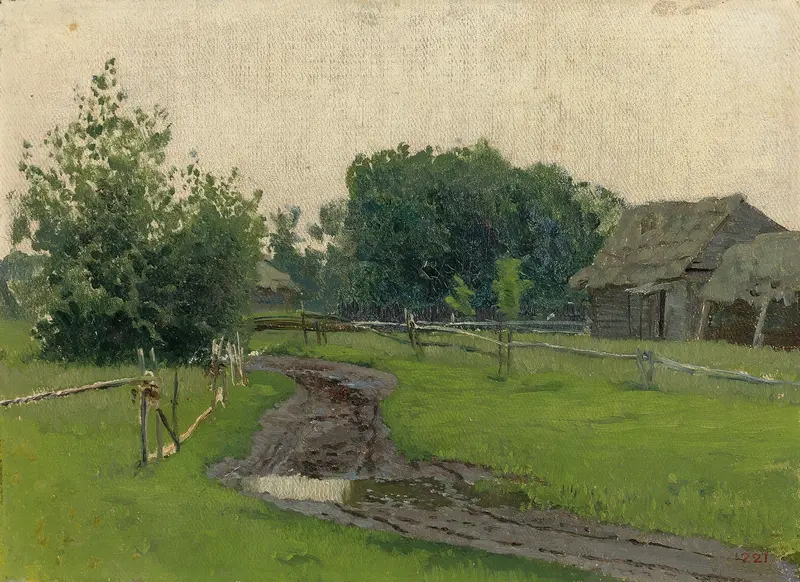 Oil painting by Isaac Levitan depicting a winding village road through nature.