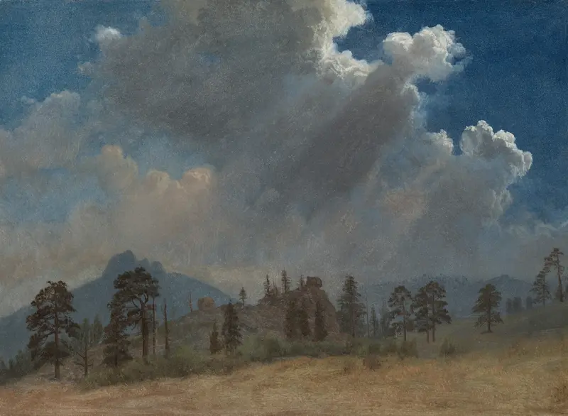 Fir Trees and Storm Clouds by Albert Bierstadt, oil painting depicting a stormy landscape