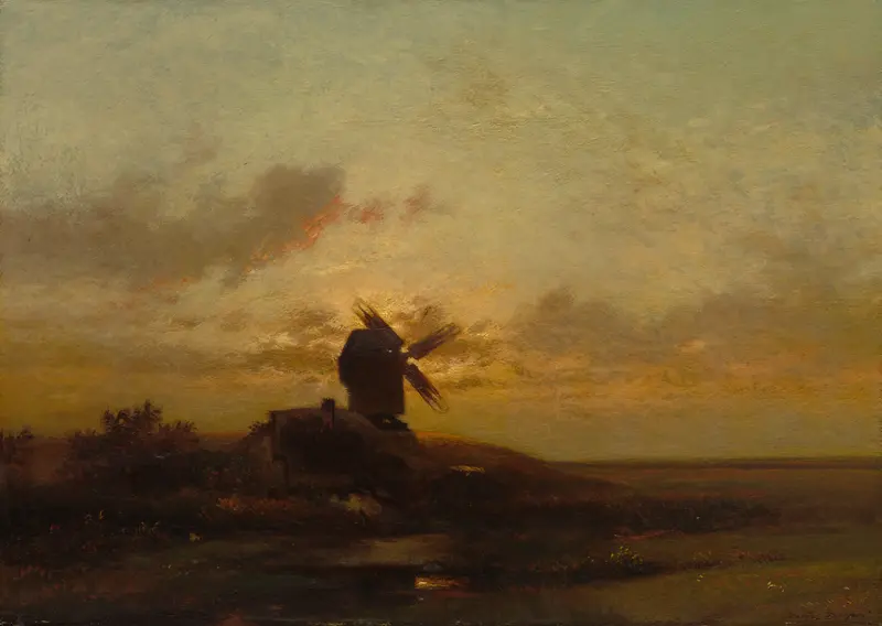 Oil painting by Jules Dupré depicting a windmill under a stormy sky