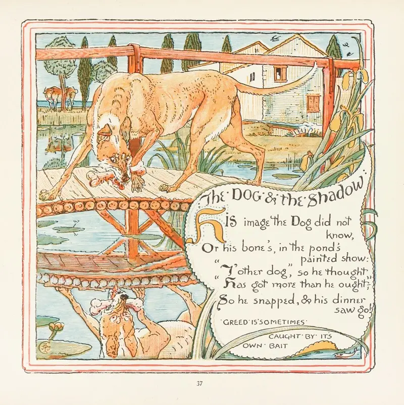 A charming depiction of a dog and its shadow by Walter Crane.