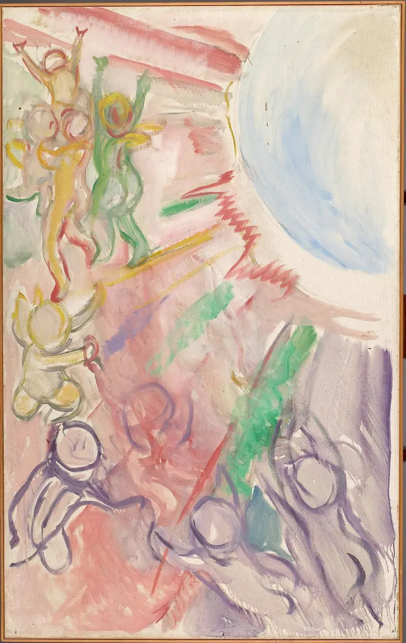 Edvard Munch's 'Geniuses in Sun Rays' features vibrant colors and dynamic figures.