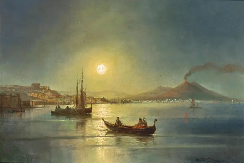 Moonlit Night with the Bay of Naples by Josef Carl Berthold Püttner, oil painting depicting a serene bay at night.