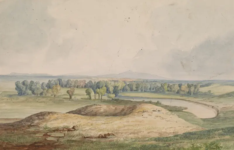 Milk River – Bear’s Paw Mountain in Distance, oil on canvas by John Mix Stanley