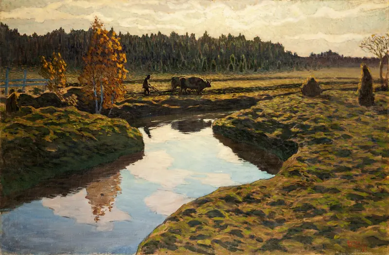Realism landscape depicting ploughing in marshland by Ester Almqvist