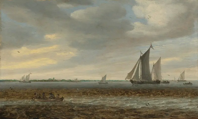 Sailboats and a rowboat in coastal waters, oil painting by Jacob Salomonsz. van Ruysdael