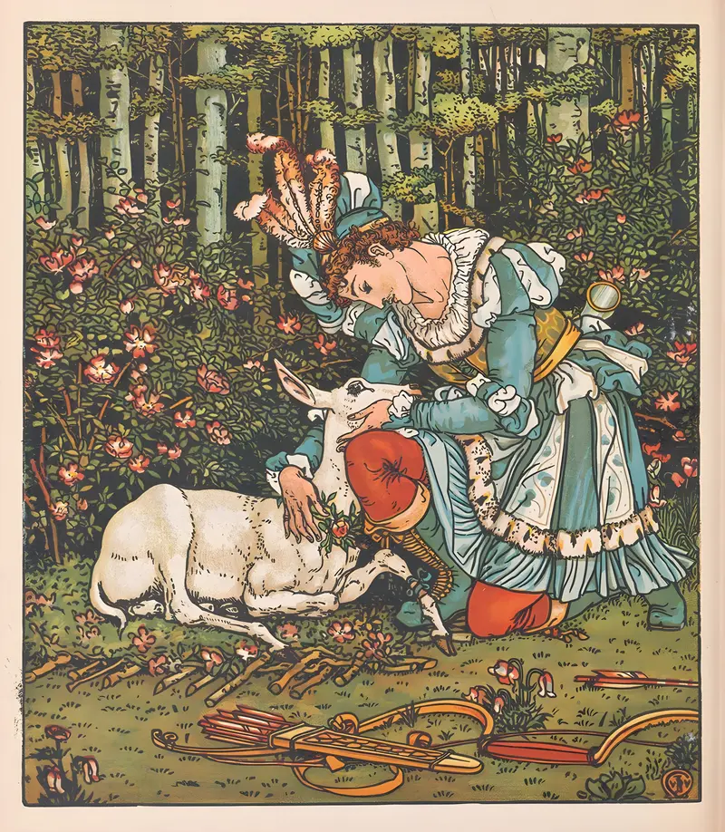 Walter Crane's 'Beauty and the Beast Pl. 17' illustrates a whimsical scene from the classic fairy tale.