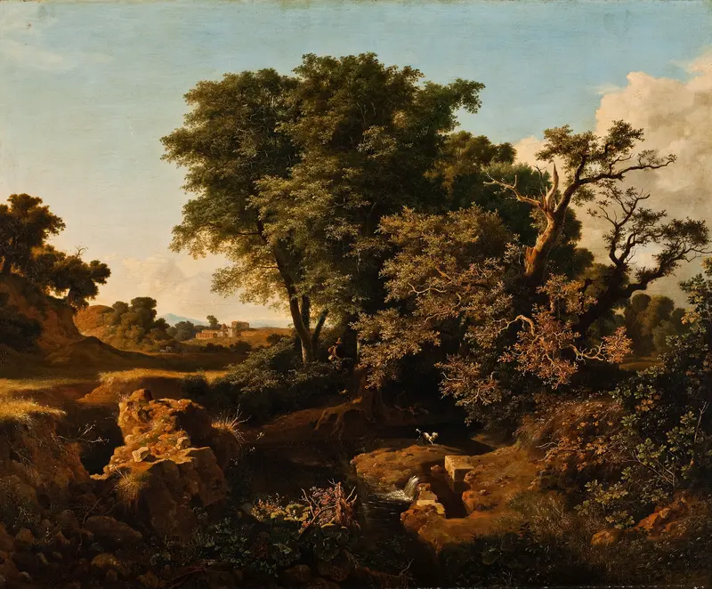 Italian Landscape by Eugenio Landesio, oil painting depicting hills and wildflowers under sunlight