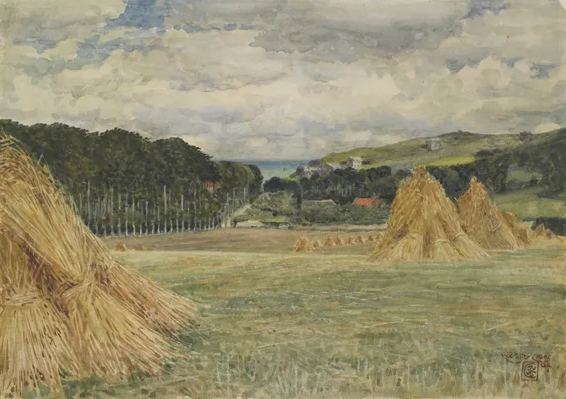 Harvest Field, Normandy by Walter Crane, oil painting depicting laborers in a golden light landscape.