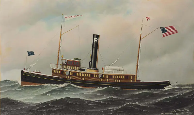 A detailed painting of a steamer cutting through choppy seas with a figure on the upper deck and the American flag at the stern.